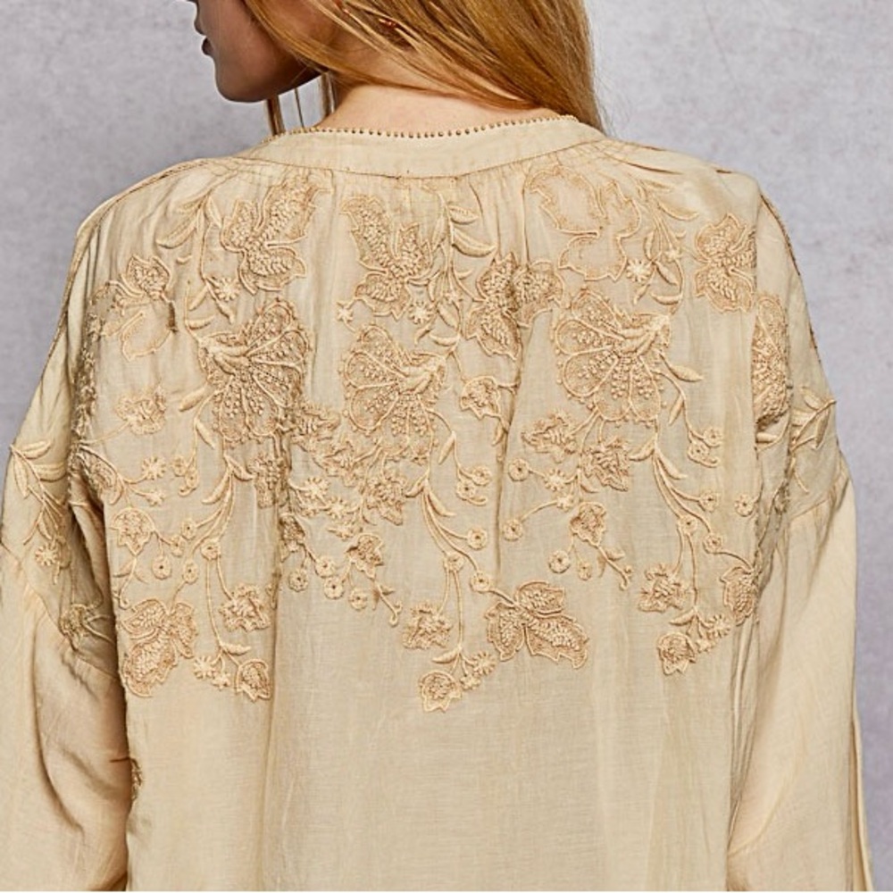 ♥️Hello Gorgeous! POL Embroidery Button Down Long Sleeve Washed Shirt - Almond - Picture 5 of 10